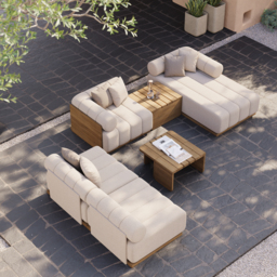 Resaro 7 PCS Modular Patio Outdoor Sectional Sofa Set Teak Exterior Furniture for 5 Person in White Cushion & Pillow Included - thumbnail 3