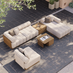 Resaro 7 PCS Modular Patio Outdoor Sectional Sofa Set Teak Exterior Furniture for 5 Person in White Cushion & Pillow Included - thumbnail 2