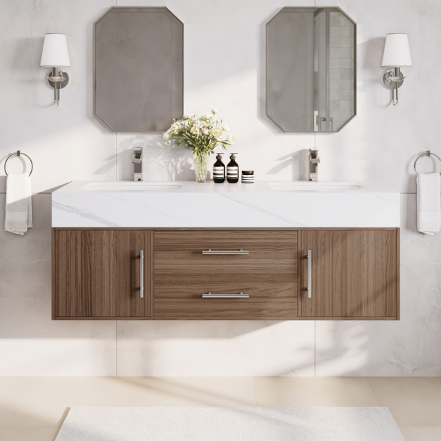 1500mm Double Basin Bathroom Vanity with Silver Handles – Walnut Modern Floating Vanity - image 1