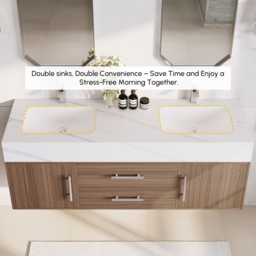 1500mm Double Basin Bathroom Vanity with Silver Handles – Walnut Modern Floating Vanity - thumbnail 5