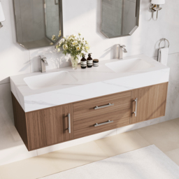 1500mm Double Basin Bathroom Vanity with Silver Handles – Walnut Modern Floating Vanity - thumbnail 3