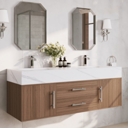 1500mm Double Basin Bathroom Vanity with Silver Handles – Walnut Modern Floating Vanity - thumbnail 2