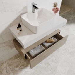 900mm Modern Floating Bathroom Vanity Set With Single Basin White and Natural - thumbnail 4