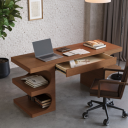 Walnut Office Writing Desk  Desk with Drawer & Shelves Modern Office Furniture (1630mm) - thumbnail 3