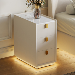 3-Drawer Narrow Bedside Table Faux Leather with Built-in Charging Station - Adjustable Lighting - Sintered Stone Top
