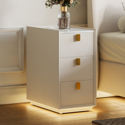 3-Drawer Narrow Bedside Table Faux Leather with Built-in Charging Station - Adjustable Lighting - Sintered Stone Top - thumbnail 2