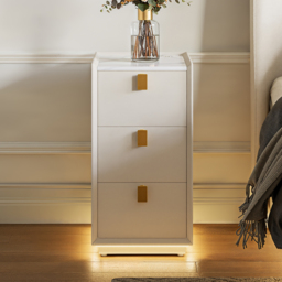 3-Drawer Narrow Bedside Table Faux Leather with Built-in Charging Station - Adjustable Lighting - Sintered Stone Top - thumbnail 3