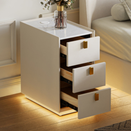 3-Drawer Narrow Bedside Table Faux Leather with Built-in Charging Station - Adjustable Lighting - Sintered Stone Top - thumbnail 5