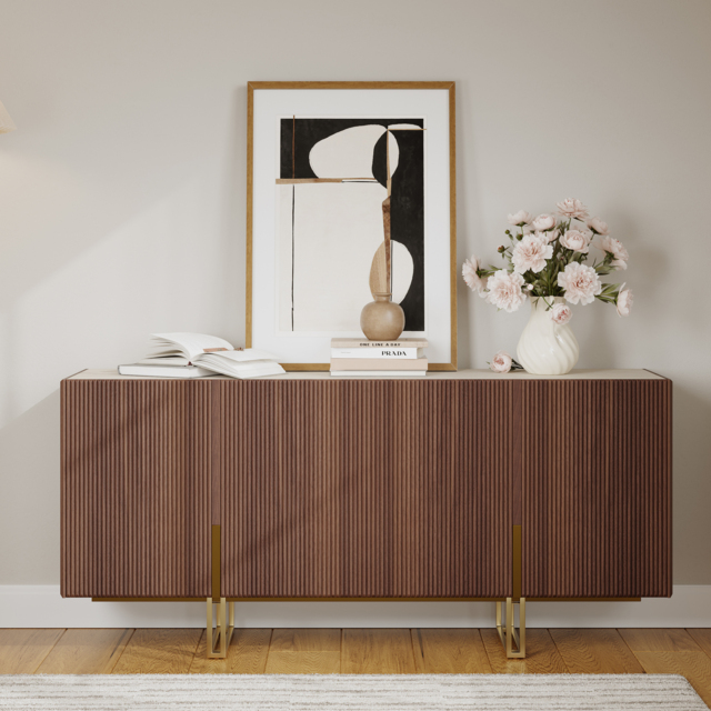 Grovyn 1200mm Buffet Sideboard Sintered Stone Top Walnut Fluted with Adjustable Shelves - image 1