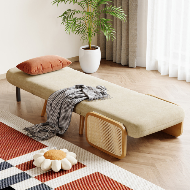 Up to 192 cm Convertible Single Sofa Bed Mid-Century Modern Sleeper Lounge Chair with Rattan Armrest - image 1