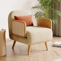 Up to 192 cm Convertible Single Sofa Bed Mid-Century Modern Sleeper Lounge Chair with Rattan Armrest - thumbnail 3