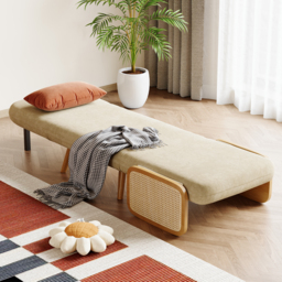 Up to 192 cm Convertible Single Sofa Bed Mid-Century Modern Sleeper Lounge Chair with Rattan Armrest - thumbnail 1