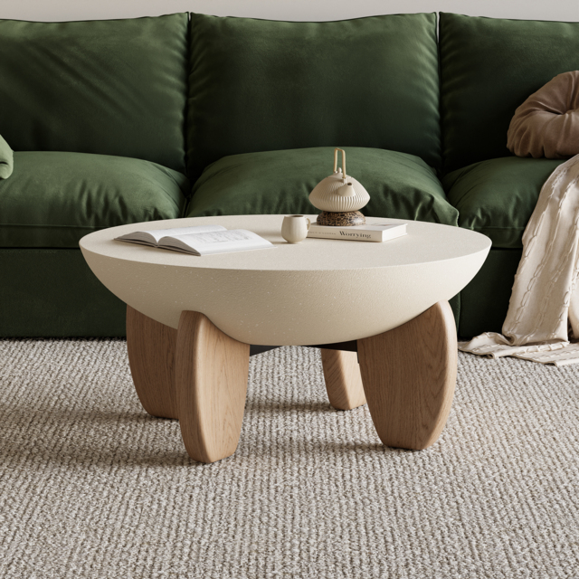 Curva Round Concrete Natural Coffee Table with Wood Legs - image 1