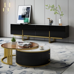 Grovyn Modern Nesting Sintered Stone Top Black Round Glass Coffee Table Storage - thumbnail 4