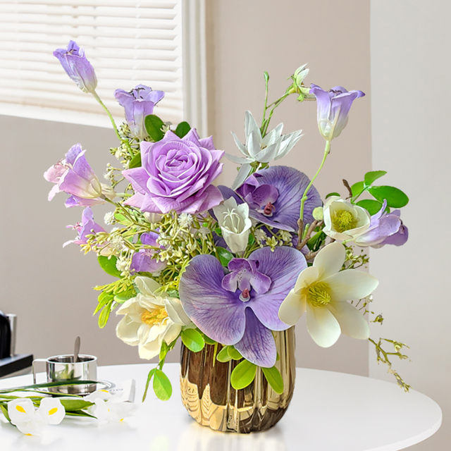Purple Artificial Flower Arrangement in Gold Vase Fake Flower Dining Table Centerpiece - image 1