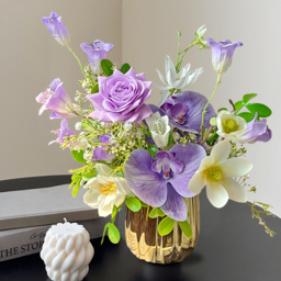 Purple Artificial Flower Arrangement in Gold Vase Fake Flower Dining Table Centerpiece - thumbnail 6
