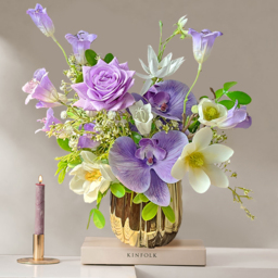 Purple Artificial Flower Arrangement in Gold Vase Fake Flower Dining Table Centerpiece - thumbnail 4