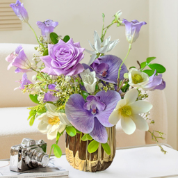 Purple Artificial Flower Arrangement in Gold Vase Fake Flower Dining Table Centerpiece - thumbnail 3