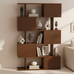 "72.8"" Walnut Sliding Door Etagere Bookshelf, 5-Shelf Tall Book Shelf, Mid-Century Modern Storage Cabinet with Fluted Doors" - thumbnail 2