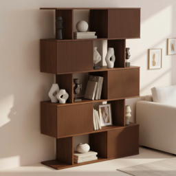 "72.8"" Walnut Sliding Door Etagere Bookshelf, 5-Shelf Tall Book Shelf, Mid-Century Modern Storage Cabinet with Fluted Doors"