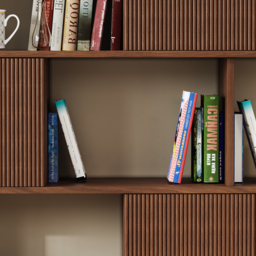 "72.8"" Walnut Sliding Door Etagere Bookshelf, 5-Shelf Tall Book Shelf, Mid-Century Modern Storage Cabinet with Fluted Doors" - thumbnail 8