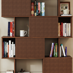 "72.8"" Walnut Sliding Door Etagere Bookshelf, 5-Shelf Tall Book Shelf, Mid-Century Modern Storage Cabinet with Fluted Doors" - thumbnail 5