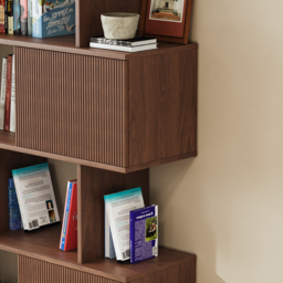 "72.8"" Walnut Sliding Door Etagere Bookshelf, 5-Shelf Tall Book Shelf, Mid-Century Modern Storage Cabinet with Fluted Doors" - thumbnail 7
