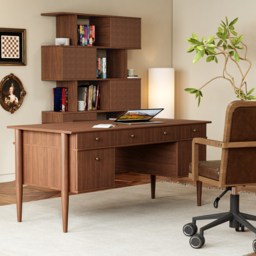 "72.8"" Walnut Sliding Door Etagere Bookshelf, 5-Shelf Tall Book Shelf, Mid-Century Modern Storage Cabinet with Fluted Doors" - thumbnail 4