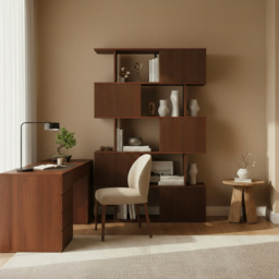 "72.8"" Walnut Sliding Door Etagere Bookshelf, 5-Shelf Tall Book Shelf, Mid-Century Modern Storage Cabinet with Fluted Doors" - thumbnail 3