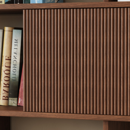 "72.8"" Walnut Sliding Door Etagere Bookshelf, 5-Shelf Tall Book Shelf, Mid-Century Modern Storage Cabinet with Fluted Doors" - thumbnail 6
