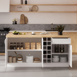 180 cm Japandi Kitchen Island Natural & White Wooden Storage Kitchen Cabinet with Light - thumbnail 5