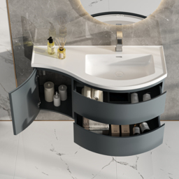 Floating Curved Bathroom Vanity Wall Mounted Half-Circle Bathroom Cabinet - thumbnail 7