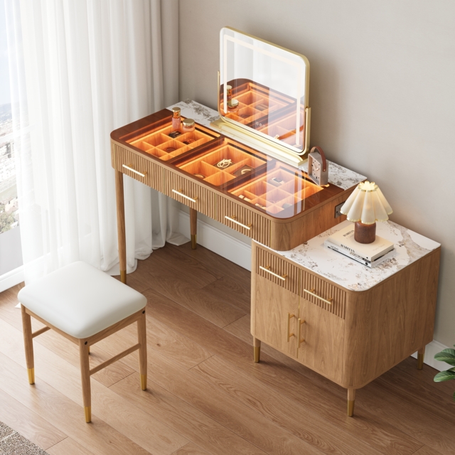 Glass Natural Dressing Table with Chair with Lighted Mirror & Stool Mid Century Modern Dressing Table with Top - image 1