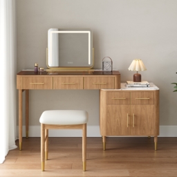 Glass Natural Dressing Table with Chair with Lighted Mirror & Stool Mid Century Modern Dressing Table with Top - thumbnail 3