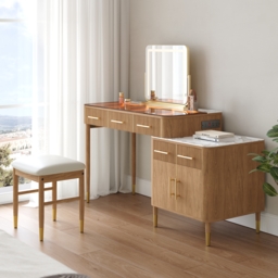 Glass Natural Dressing Table with Chair with Lighted Mirror & Stool Mid Century Modern Dressing Table with Top - thumbnail 4
