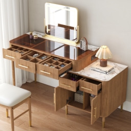 Glass Natural Dressing Table with Chair with Lighted Mirror & Stool Mid Century Modern Dressing Table with Top - thumbnail 2