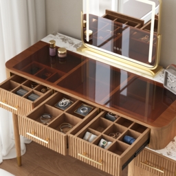 Glass Natural Dressing Table with Chair with Lighted Mirror & Stool Mid Century Modern Dressing Table with Top - thumbnail 9
