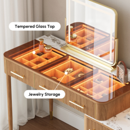 Glass Natural Dressing Table with Chair with Lighted Mirror & Stool Mid Century Modern Dressing Table with Top - thumbnail 5
