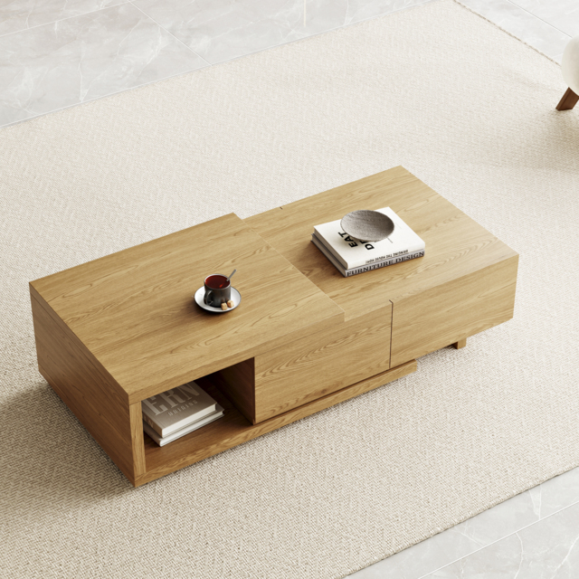Quoint 175 cm Modern Natural Coffee Table Retracted & Extendable with 2-Drawer - image 1