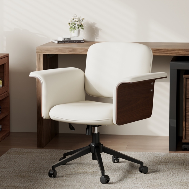 Wood & Faux Leather Office Chair - Ergonomic Adjustable Swivel (Warm White) - image 1