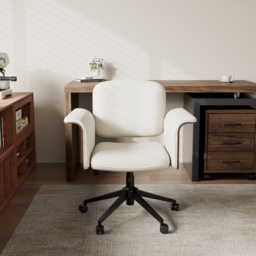 Wood & Faux Leather Office Chair - Ergonomic Adjustable Swivel (Warm White) - thumbnail 4