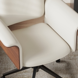Wood & Faux Leather Office Chair - Ergonomic Adjustable Swivel (Warm White) - thumbnail 6