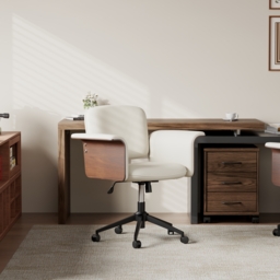 Wood & Faux Leather Office Chair - Ergonomic Adjustable Swivel (Warm White) - thumbnail 3