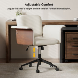 Wood & Faux Leather Office Chair - Ergonomic Adjustable Swivel (Warm White) - thumbnail 5