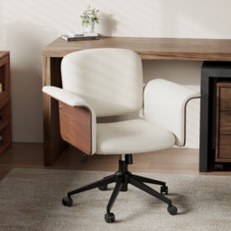 Wood & Faux Leather Office Chair - Ergonomic Adjustable Swivel (Warm White) - thumbnail 2