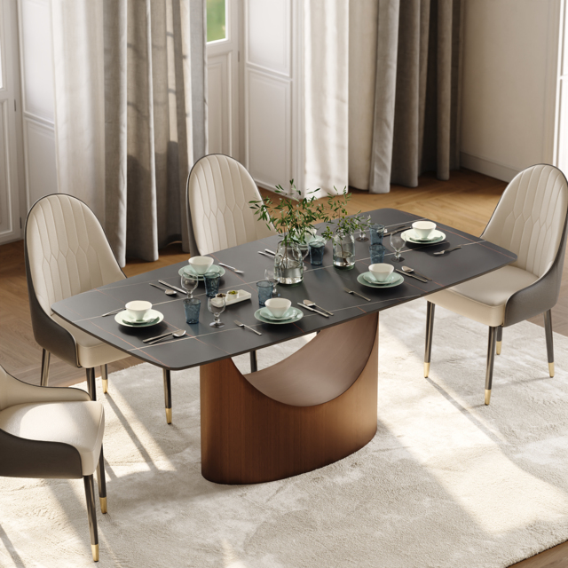"63"" Rectangle Black Dining Table for 4 Person Sintered Stone Top Antique Brass Pedestal" - image 1