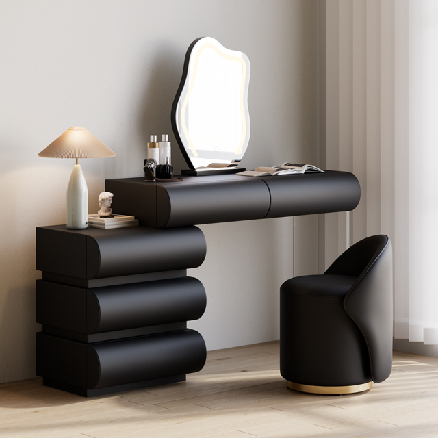Leather Humply Modern Black Dressing Table with Chair PU Dressing Table with Stool & LED Mirror - image 1