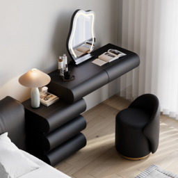 Leather Humply Modern Black Dressing Table with Chair PU Dressing Table with Stool & LED Mirror - thumbnail 3