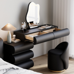Leather Humply Modern Black Dressing Table with Chair PU Dressing Table with Stool & LED Mirror - thumbnail 4