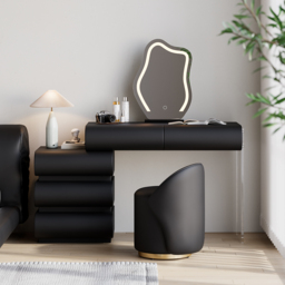 Leather Humply Modern Black Dressing Table with Chair PU Dressing Table with Stool & LED Mirror - thumbnail 2
